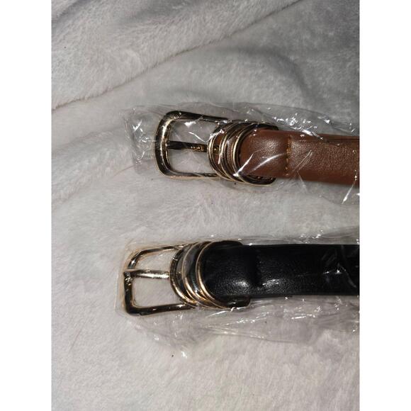 Accessories - NWT LEACOOLKEY Belt Womens Size 100 Black Brown Thin Faux Leather Gold Buckle Ve